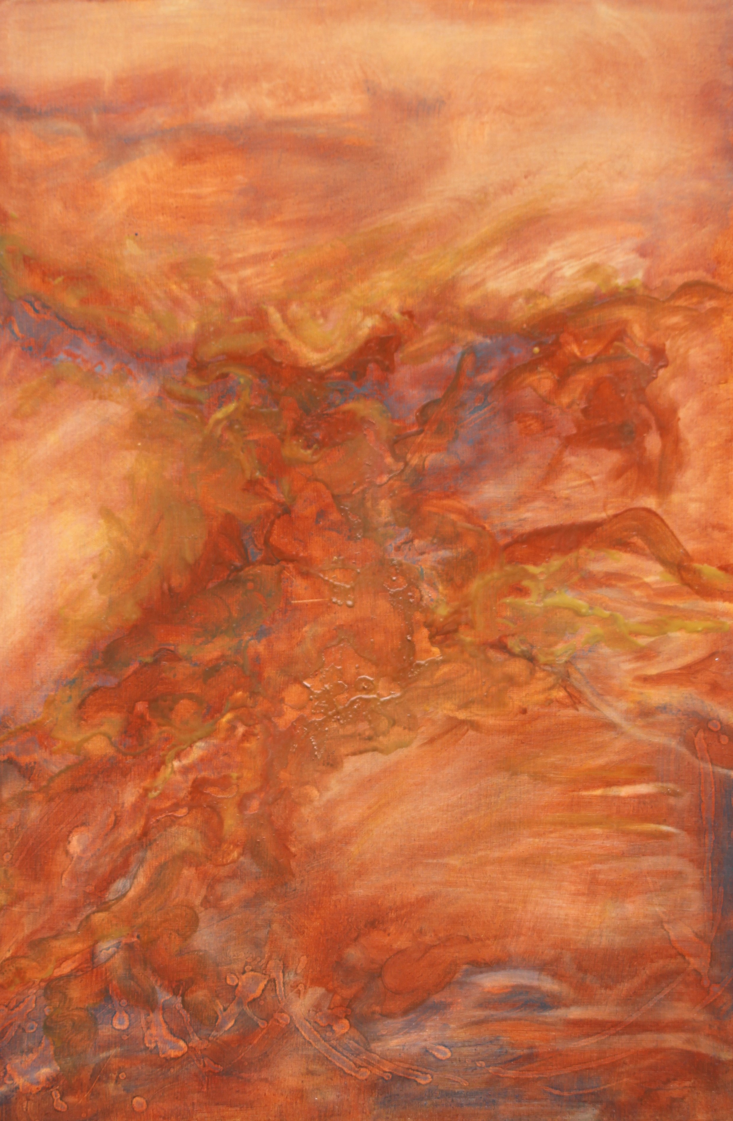 An orange abstract painting with orange, yellow and blue swirls in the foreground. It has a vague horizon line and a blurred background.